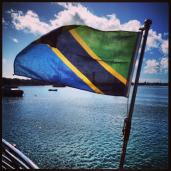 The Tanzanian flag on the ferry from Dar Es Salaam to Stone Town, Zanzibar Island.